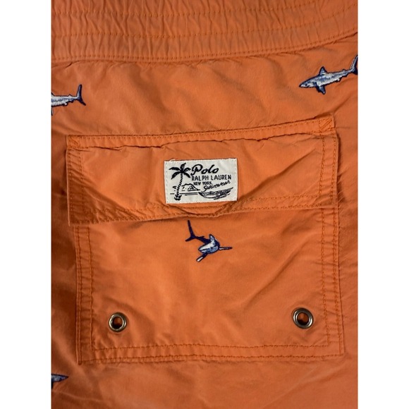 Polo Ralph Lauren Swim Trunks Mens Large Orange Embroidered Sharks AOP Vintage - Picture 13 of 13